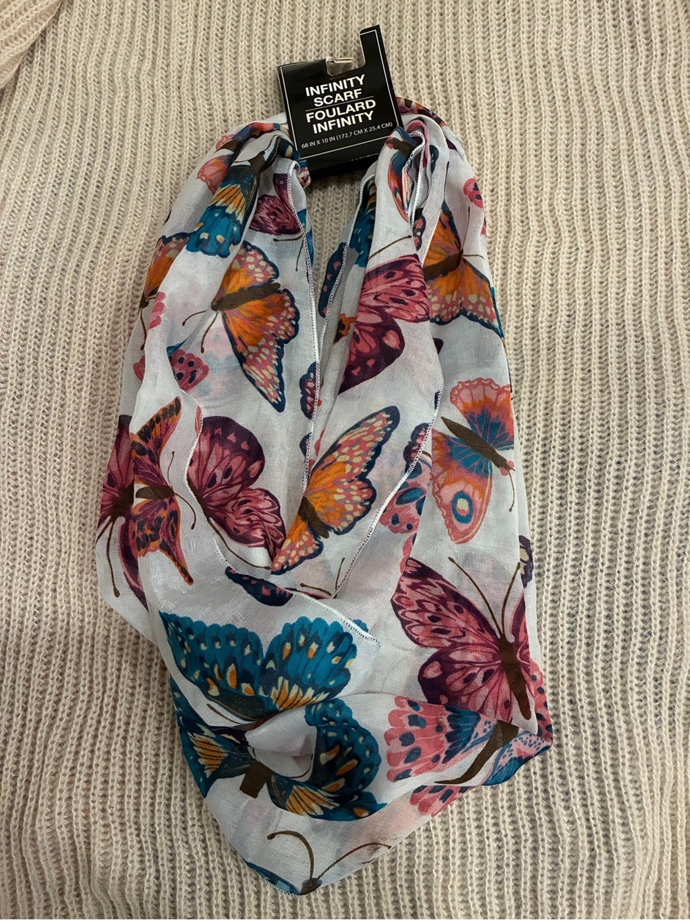 Infinity Scarf with Multicolor Butterfly Print in White